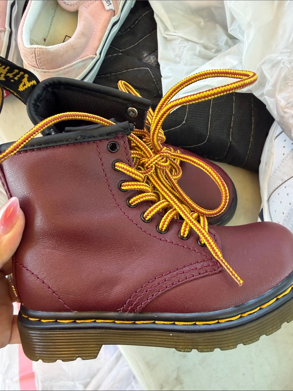 Dr. Martens Kids Burgundy Leather Ankle Boots with Yellow Laces